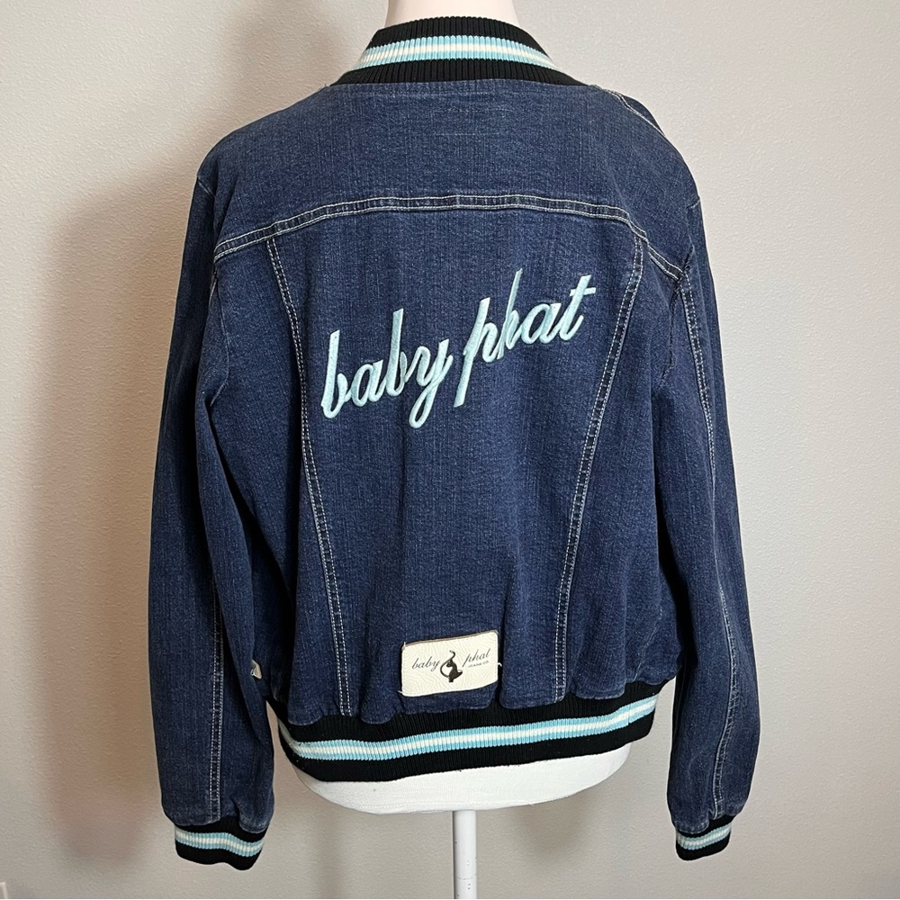 Vtg Baby Phat Y2K Denim Bomber Varsity Jean Jacket Size L Streetwear Retro Style - Picture 8 of 15